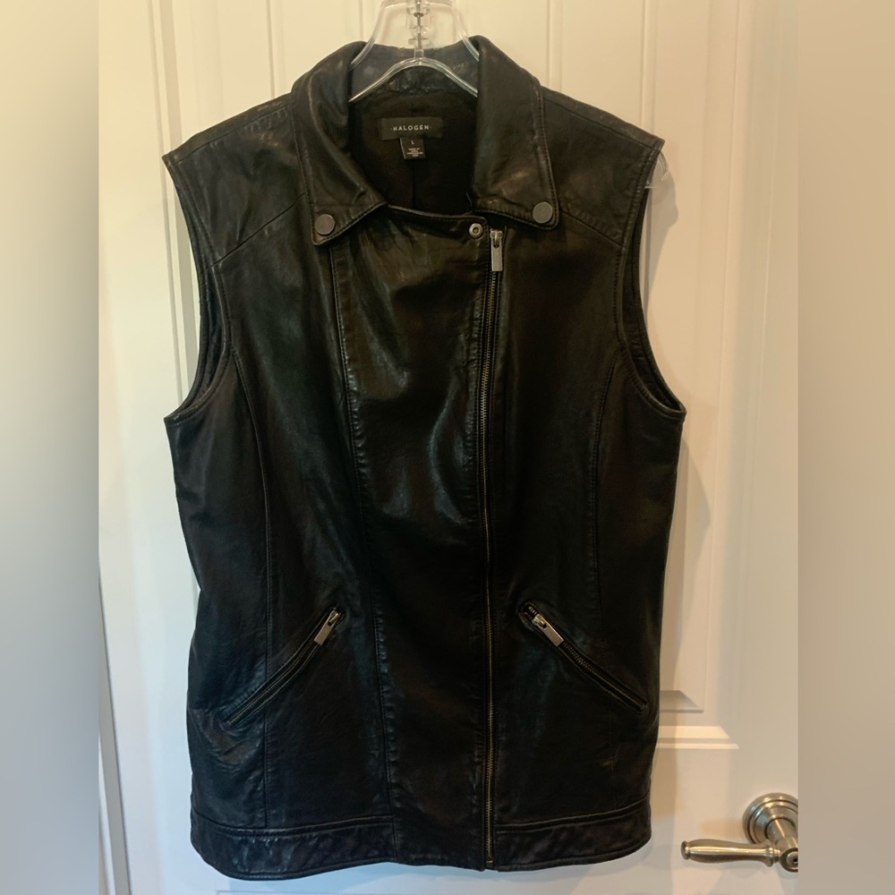Nordstrom Halogen Black Leather Moto Biker Vest Size L - Picture 4 of 13